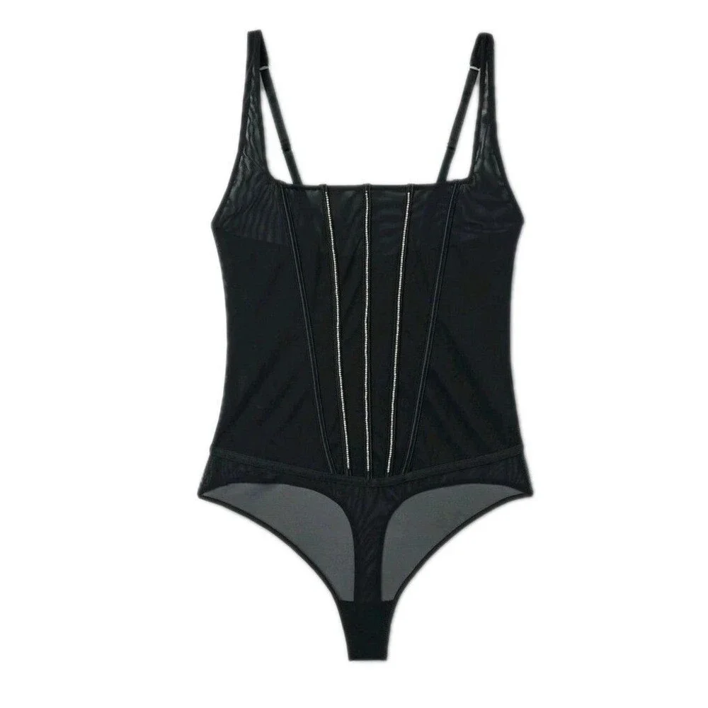 AUDEN Intimates Sheer Mesh Rhinestone Studded Thong Lingerie Bodysuit Black NWT